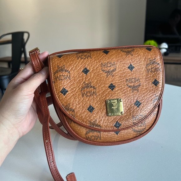 MCM Handbags - MCM Cognac Visetos Logo Crossbody Saddle Bag